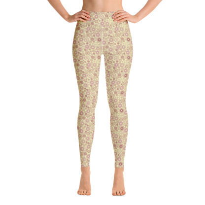 KUGGHJUL lindblomsgröna långa leggings med dimrosa kugghjul