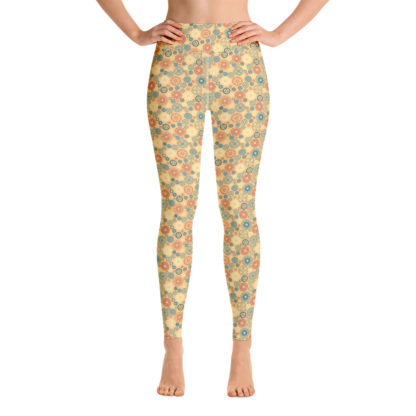 KUGGHJUL gula långa leggings med turkosa och tegelröda kugghjul
