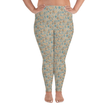 KUGGHJUL beige långa leggings med turkosa och bruna kugghjul