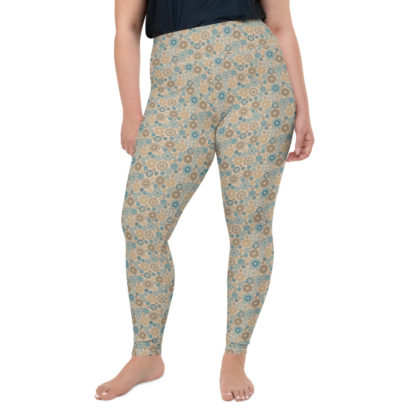 KUGGHJUL beige långa leggings med turkosa och bruna kugghjul