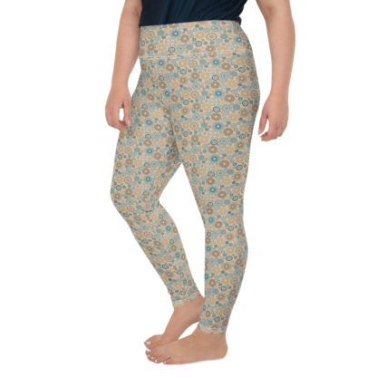 KUGGHJUL beige långa leggings med turkosa och bruna kugghjul