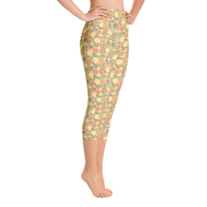 KUGGHJUL gula caprileggings med turkosa och tegelröda kugghjul