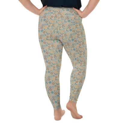 KUGGHJUL beige långa leggings med turkosa och bruna kugghjul