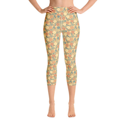 KUGGHJUL gula caprileggings med turkosa och tegelröda kugghjul