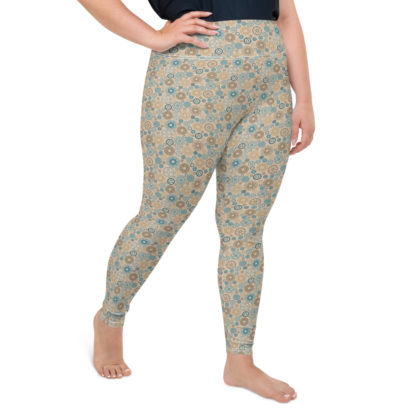 KUGGHJUL beige långa leggings med turkosa och bruna kugghjul